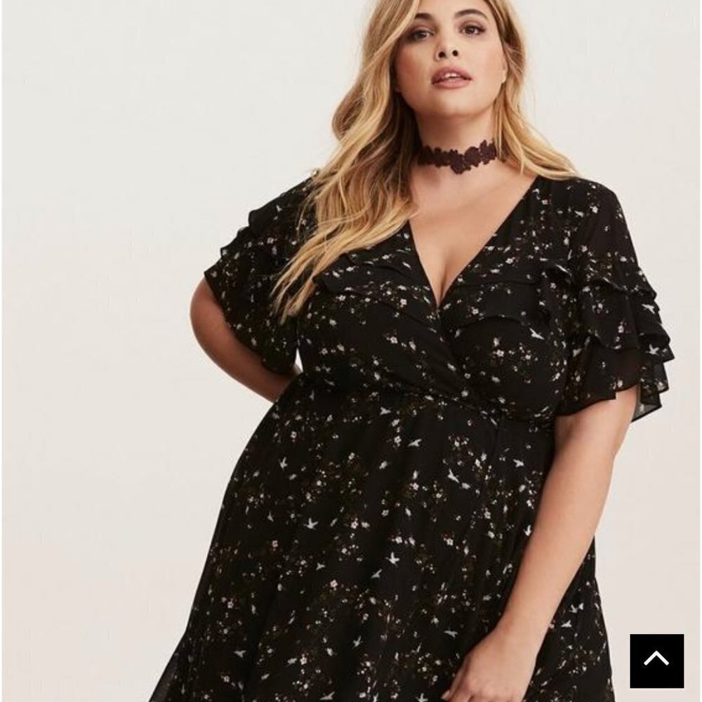 TORRID Black Floral Print Chiffon Ruffles Wrap Dress Size 0/12